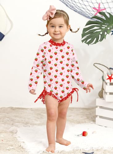 Image of BesserBay Baby Girl Swimsuit UPF 50+ Long Sleeve Zipper Snaps Bottom One Piece Rash Guard 0-36 Months