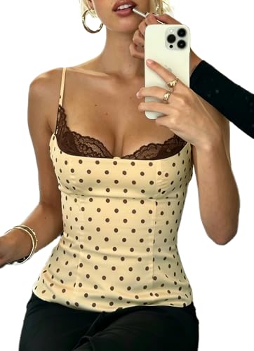 Image of Barbotimer Women Lace Trim Satin Cami Top Y2K Polka Dot Spaghetti Strap Backless Hook Back Corset Crop Tops Silk Going Out Tops(Yellow,Small)