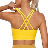 CRZ YOGA Womens Butterluxe Strappy High Neck Longline Sports Bra - Wireless Criss Cross Back Padded Workout Cropped Top High Visibility Yellow Medium