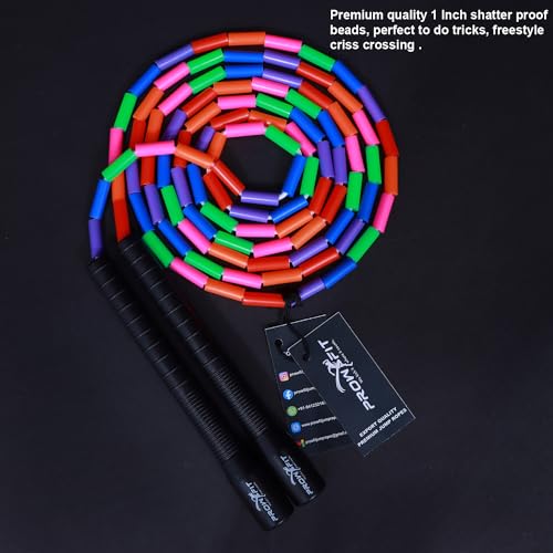 Image of Freestyle Unbreakable Long Handle Soft Shatterproof Beads 1Inch Beaded Jump Rope, Skipping Rope Adult. (10 Ft) (Rainbow - Black Handle)