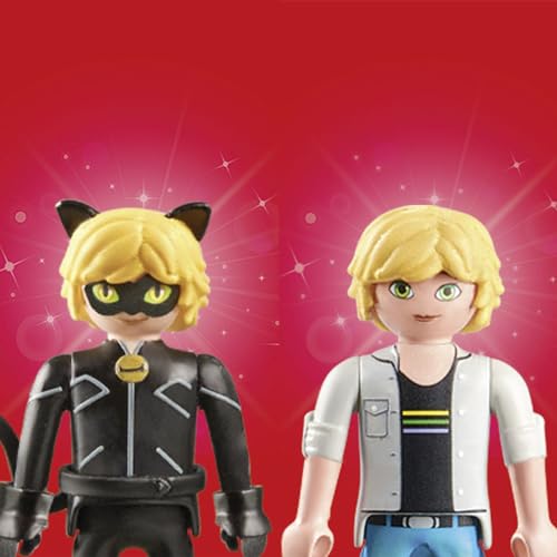 PLAYMOBIL | Miraculous | Adrien & Cat Noir | Heldenhaftes Abenteuer | Inklusive Kwami Plagg und vielfältigem Zubehör | Abenteuer mit Ladybug | Detailreiches Spielzeug für Kinder ab 4 Jahren | 71337
