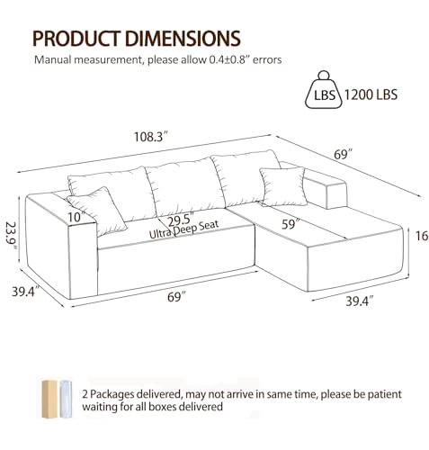 Image of 108 inch Modular Sectional Sofa, L-Shape Cloud Couch with Deep Seats & Chaise,4-in-1 Covertible Corduroy Boneless Couches for Living Room,Bedroom,No Need Assembly - Beige(Right Facing Chaise)