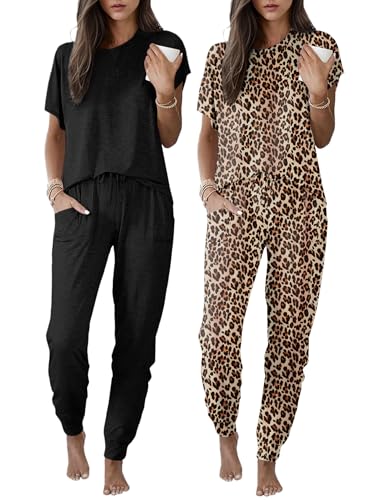 Image of Ekouaer 2 pack Pajama Sets for Womens Jogger Pants Pjs Short Sleeves Lounge Set Soft Sleepwear with Pockets
