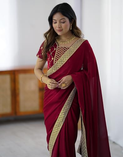 Image of SIRIL Women's Chiffon Sequence Embroidery Lace Saree with Unstitched Blouse Piece