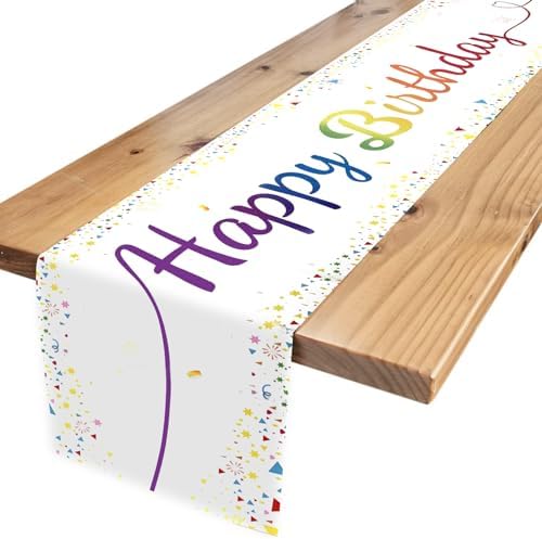 Fosdaling Tischläufer Geburtstag, Bunt Happy Birthday Tischdecke, Geeignet für die Kinder Geburtstags Party Deko von Jungen und Mädchen (Weiß)