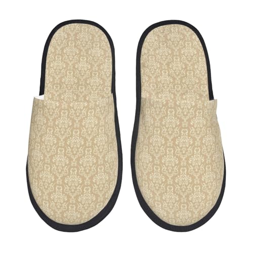 Damask Beige Tan Brown Print Women'S Fuzzy Slip On Indoor Outdoor Winter House Slippers