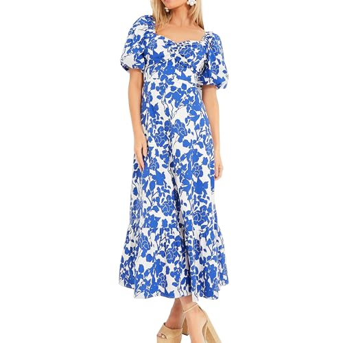 pastel blue floral print open back pleated midi dress Womens Blue and White Floral Open Back Midi Dress Puff Sleeve Sweetheart  Neckline Pleated Silhouette A-line Casual Skirt at Amazon Women's Clothing  store