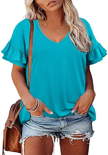 TIYOMI Plus Size Tops for Women Summer Button Short Sleeve Shirts Ruffle Blouse Tunics (XL-5XL)