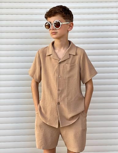 Image of Arshiner Boys 2 Pieces Summer Beach Outfits Short Sleeve Button Down Shirts and Shorts Vacation Texture Sets for Kids