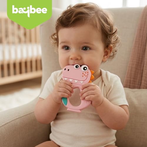 Image of Baybee Silicone Baby Teether for Teething Gums, Manhattan Teething Rattle Toy with Loops Ring, 100% Food Grade Silicone & BPA Free Teether Toy for Babies, Chew Teether for 6 to 12 Months (Dinosaur Pink)