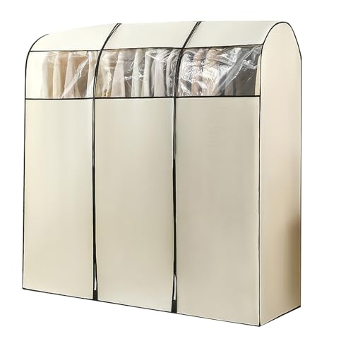 服カバー コートカバー 衣類カバー 洋服カバー クローゼット用コートカバー 衣類カバー 不織布ジッパー付き ガウン コート シャツ ドレスなど用の透明窓付きハンガーカバー(Beige,100x50x150cm/39x20x59in)