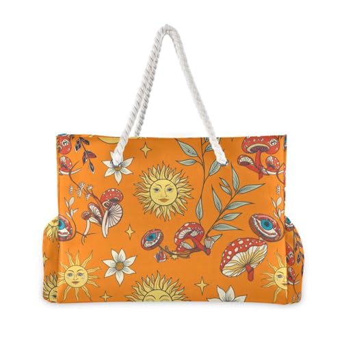 Sun Mushroom Flowers Orange Beach Tote Bag for Women Beach Bags Waterproof Swim Pool Bag Extra Large Travel Tote Bags with Zipper for Yoga Gym Women Vacation Essentials Nurse2