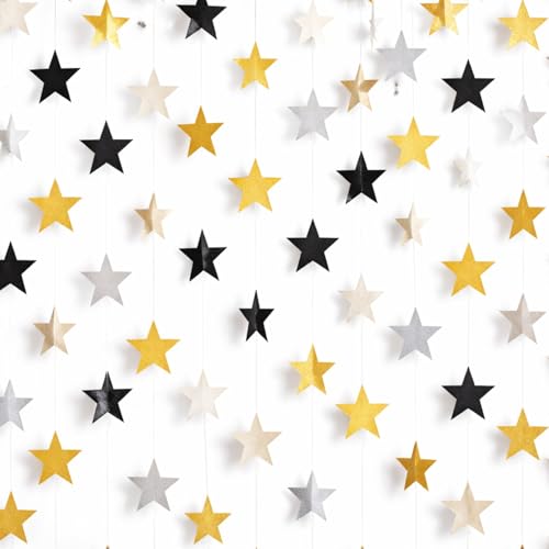 Image of Patelai Glitter Star Garland Banner 2026 Party Decor 130 Feet Star Hanging Streamers Twinkle Backdrop for Classroom Birthday Graduation Wedding Supplies(Silver Gold Black)