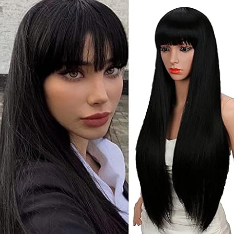 Kalyss 28 inches Women’s Silky Long Straight Black Wigs High Resistant Synthetic Wig With Bangs for Women Cover
