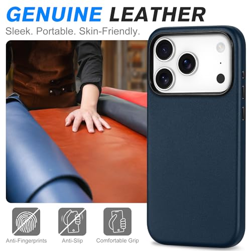 Image of SHIELDON Genuine Leather Case for iPhone 17 Pro 6.3 inch 2025, Navy Blue | Compatible with MagSafe, Magnetic Wireless Charging, Camera Button, Metal Buttons, Camera Bezel, Slim, Shockproof, Women Men