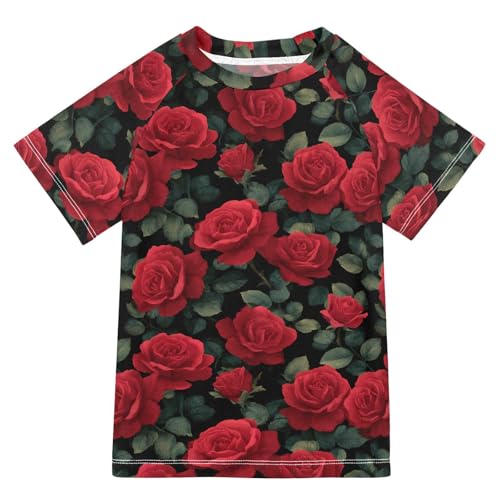 ALAZA Kids Rash Guard Girls Toddler Swim Shirts Short Sleeve Red Rose Leaves UPF 50+ 3T