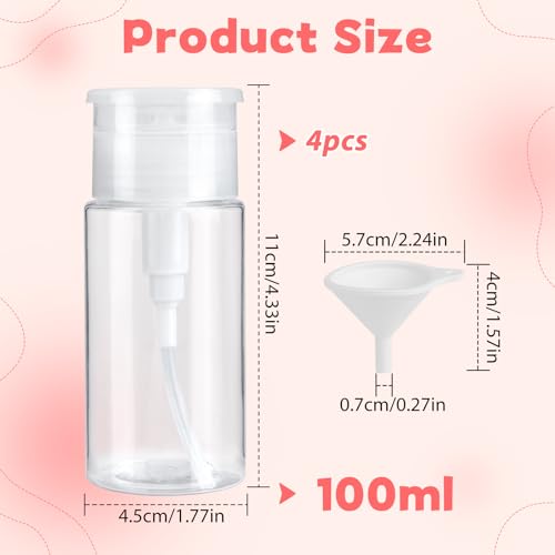 GHVACZS 4 butelki z pompką, dozownik z pompką 100 ml, przezroczysty zmywacz do paznokci, butelka z pompką z 1 lejem, pusta butelka z pompką, dozownik z pompką do zmywacza lakieru do paznokci, tonikiem