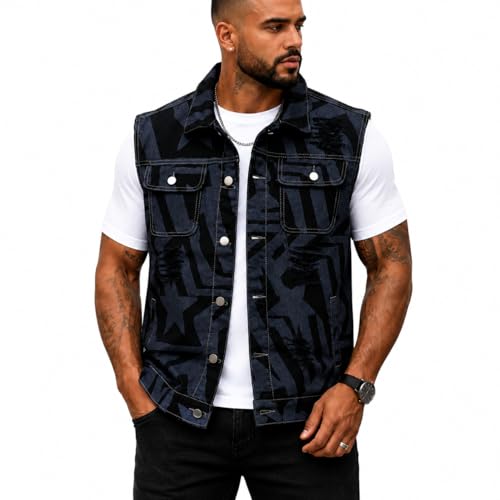 MICKASON Mens Distressed Denim Vest Sleeveless Button Front Jean Jacket Ripped Trucker Vest with Pockets for All-Season Casual Streetwear Layering Black Star