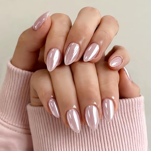 KQueenest Chrome Pastel Light Pink Press On Nails Short Almond,
