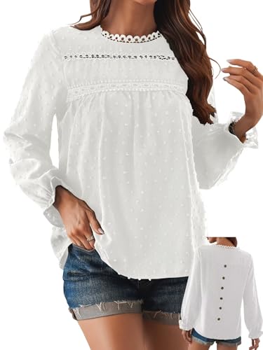 Womens Boho Tops Long Sleeve Shirts For Women Cute Crewneck Blouse Dressy Casual Swiss Dot Crochet Hollow Top 2025