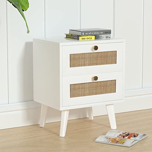 Giluta Rattan Nightstand with 2 Drawers, Solid Wood Bedside Table, Boho Night Stand, Easy Assembly Mid-Century Side Table for Living Room, Bedroom (White/Gold)