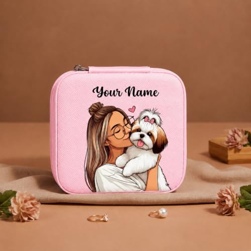 Image of PRIMIT Personalized Jewelry Box with Name & Birth Flower - Custom Travel Jewelry Organizer Case - Bridesmaid, Birthday, Christmas Gift for Women & Girls (Pet Snuggles)