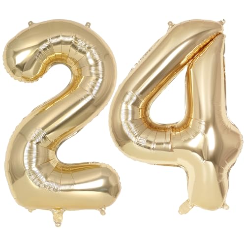 Image of Champagne Gold Large Number 24 Balloon, 40 Inch Light Gold Foil Helium Number Balloons, Giant Mylar Number 24 Balloons for 24 Years Old Birthday Party Anniversary Decorations (Champagne Gold 24)