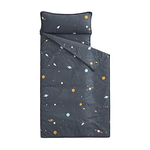 Wake In Cloud - Nap Mat with Removable Pillow for Kids Toddler Boys Girls Daycare Preschool Kindergarten Sleeping Bag, Space Stars Rockets on Gray Grey, 100% Cotton with Microfiber Fill (50"x20")