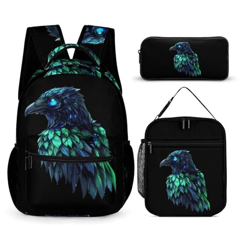 Holographic Crows Ravens Travel Backpack Lunch Box Pencil Case 3Pcs Set for Men Women Office Outing University