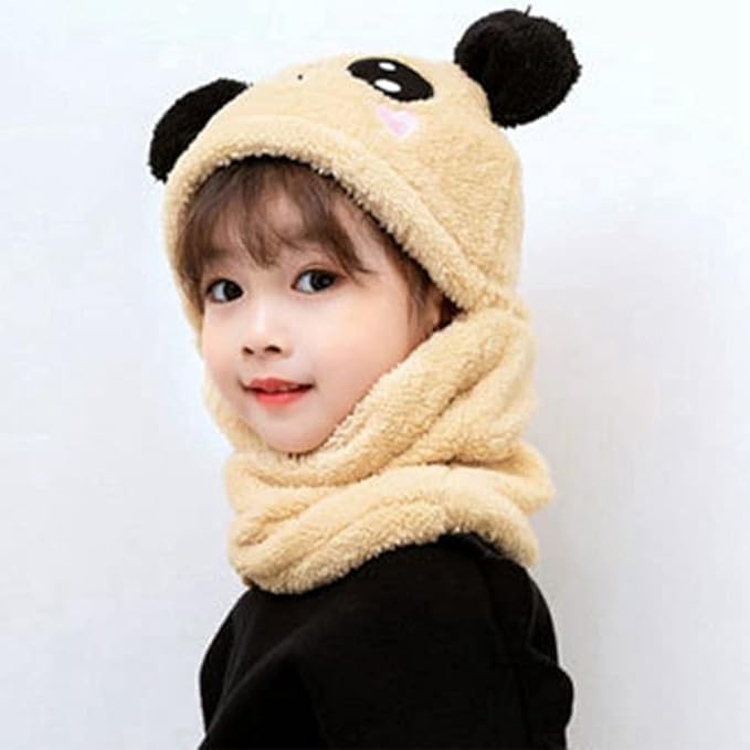 Baby Boys Girls Winter Woolen Hat with Scarf Set Soft Faux Fur Beanie Panda Cap Windproof Earflap Hood Capset for Unisex Kids Beige| (2-6 Yrs) 4