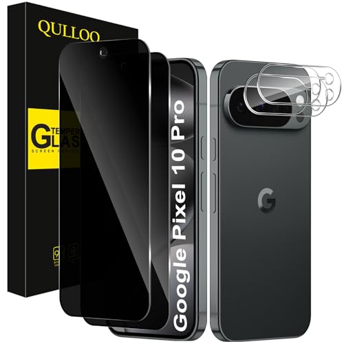 Image of QULLOO Privacy Screen Protector for Google Pixel 10 Pro, [2+2 Pack] Anti-Spy Private Tempered Glass ＆ Camera Lens Protection, 9H Hardness Anti-Scratch Anti-Peeping Protective Glass Film