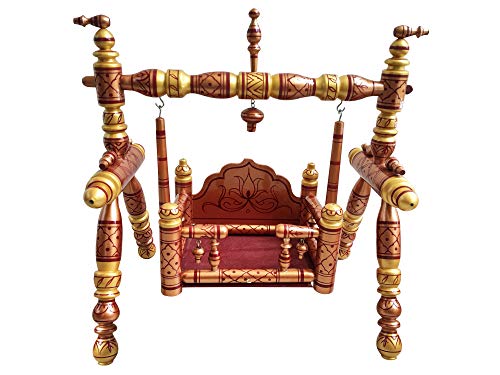 Image of Stronge Wooden Foldable Laddu Gopal Jhula | Krishna Parna | Krishna Palana Hindola | Wooden God Jhula Big Size | Royal & Antique Krishna Swing for Pooja Home (Pearl Yellow Copper)