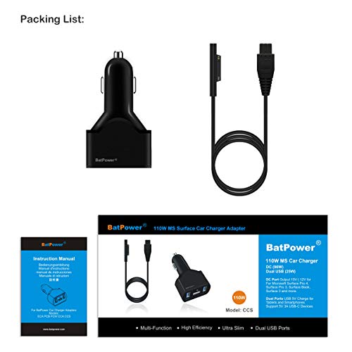 BatPower UL Listed CCS 110W 15V Car Charger for Surface Laptop 3 2 1 Surface Book 2 1 Surface Pro X 7 6 5 4 3 Surface Go Car Adapter Power Supply, Dual USB Quick Charge for Tablet Smartphone - Thumbnail 4