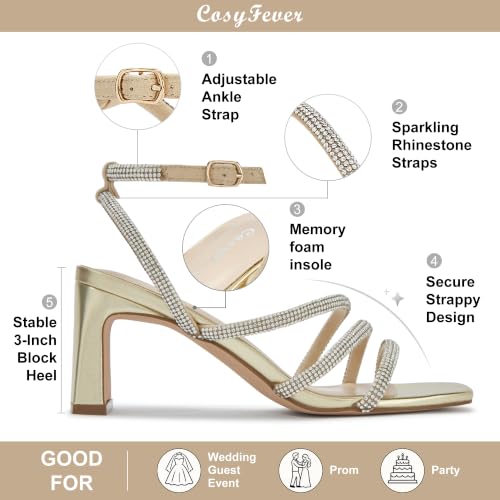 Image of CosyFever Women's Rhinestone Block Heels for Dressy Occasions, Strappy Ankle Strap Dress Heels, Square Toe Evening Heels for Wedding Guest, Prom, Party