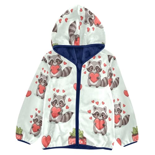 Cute Raccoons Holding Red Hearts Toddler Fleece Jacket Girl Boys Hooded Fleece Jacket Coat Warm Outwear Zip-up 3-10T