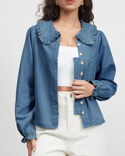 Womens Puff Long Sleeve Denim Shirts Peter Pan Collar Button Down Jean Blouse Casual Denim Tops with Pocket4