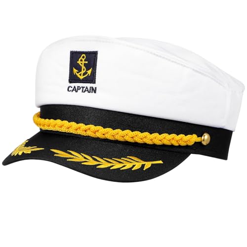 LUOEM Captain Hat for Men Women, Adjustable White Yacht Boat Captains Hat, Nautical Sailor Cap with Gold Embroidery for Boating Party, Cruise, Halloween Costume