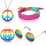 Lo que obtienes: el paquete incluye artículos de 4 piezas, 1 par de aretes con el signo de la paz y 1 par de anteojos con forma de arco iris, 1 pieza de pañuelo impreso y 1 collar del signo de la paz, un juego completo de estilo hippie, muestra un estilo de los años 60 y 70 , se adapta a la mayoría de los adolescentes y adultos