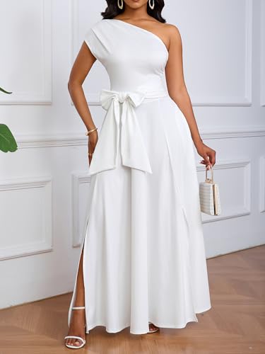 Women\'s One Shoulder Maxi Dress A Line Flowy Cocktail Party Side Split Long Dress White XL