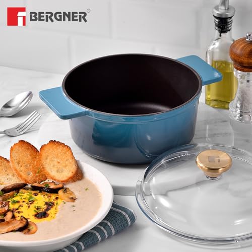 Image of Bergner Excalibur Lightweight Cast Iron Dutch Oven /Biryani Pot /Casserole with Glass Lid, 26cm /5L, Non-Stick Coating, PFAS Free, Elegant Design, Silicone Grips, Induction and Gas Stove Ready (Blue)