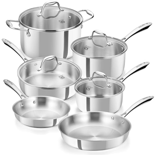 Image of KOCH SYSTEME CS Tri-Ply Stainless Steel Cookware Set 10 Piece, Professional 18 /10 Stianless Steel Pots and Pans Set, Oven & Induction Safe, Non-Toxic Kitchen Cookware Set for Family Cooking, 10pcs