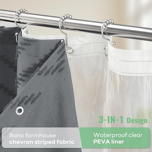 Dynamene Boho Shower Curtain and Liner Set, Farmhouse Fabric Shower Curtain and Waterproof Clear Liner,Tufted Chevron Striped Textured Tassel Shower Curtains for Bathroom with Hook,72x96,Charcoal Grey - Thumbnail 3