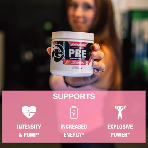 Image of Honey Badger Pre Workout Powder, Keto Vegan Preworkout for Men & Women, Beta Alanine & Caffeine, Sugar Free Natural Energy Supplement, Pink Lemonade, 30 Servings