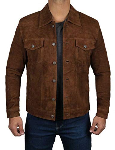 Men's Logan Cowboy Style Brown trucker Suede Leather Jacket With Free of Cost T-Shirt