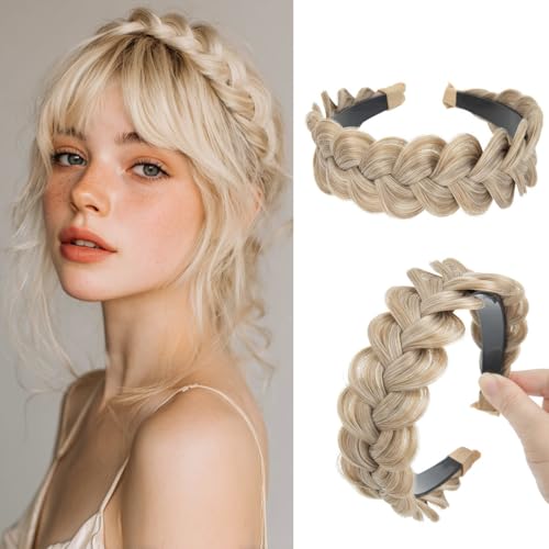 CJL HAIR Wide Braided Headbands Hair Piece for Women Synthetic Hair Hoops Head Bands with Teeth Handmade Braid Hairband Accessories Sunny Blonde 1PC