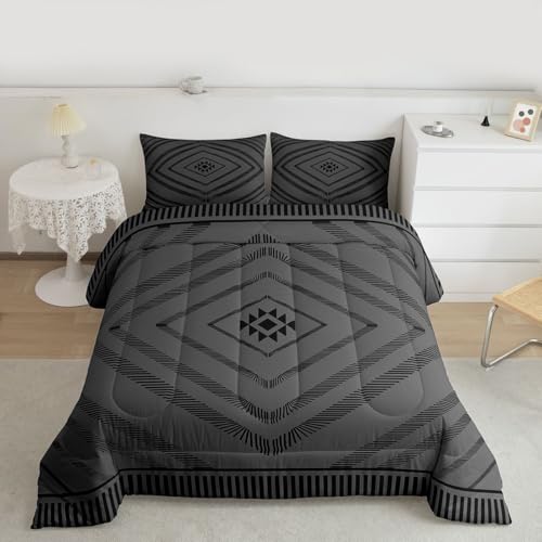 Image of Feelyou Aztec Comforter Set Twin Size Boho Bedding Set for Kids Boys Girls Black Moroccan Style Duvet Quilt Classic Diamond Pattern Bedroom Decor Microfiber 2 Pcs with 1 Pillow Cases