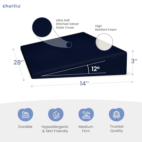 Image of Cherilo Wedge Pillow for Baby Acid Reflux | Full Size Elevated Pillow for Crib & Mattress, 28 inch x 14 inch x 3 inch | Helps Elevate Baby for Comfort | Removable Velvet Cover - Navy Blue
