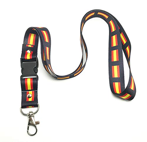 TARJA 73 Cuelgallaves para el cuello personalizado con BANDERA DE ESPAÑA PEQUEÑA FONDO NEGRO - Teléfono, tarjeta de identificación, portadocumentos, cinta de tela estilo profesional.