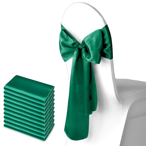 WedDecor Cinta de satén verde esmeralda para novia, boda, cumpleaños, compromiso, recepción, fiesta, banquete, evento, decoración de sillas de comedor, 18 x 274 cm, 10 unidades