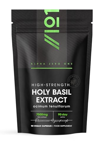 Holy Basil Extract 7500mg – 90 Vegan Capsules – High Strength 15:1 Tulsi Extract – 3 Months Supply – Resealable and Recyclable Pouch – by Alpha01